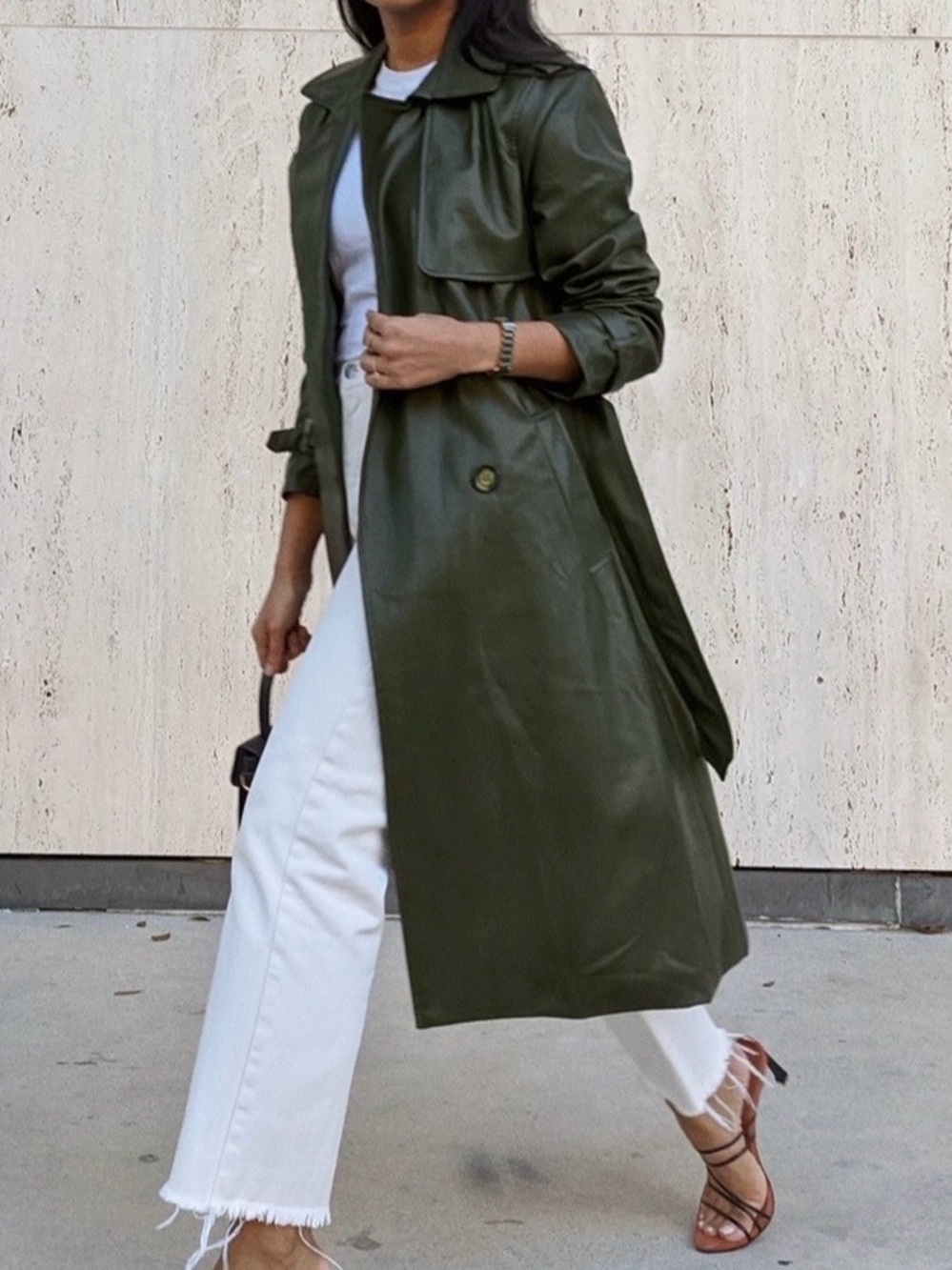 Apparis Dark Olive Double-Breasted Leather Trench Coat